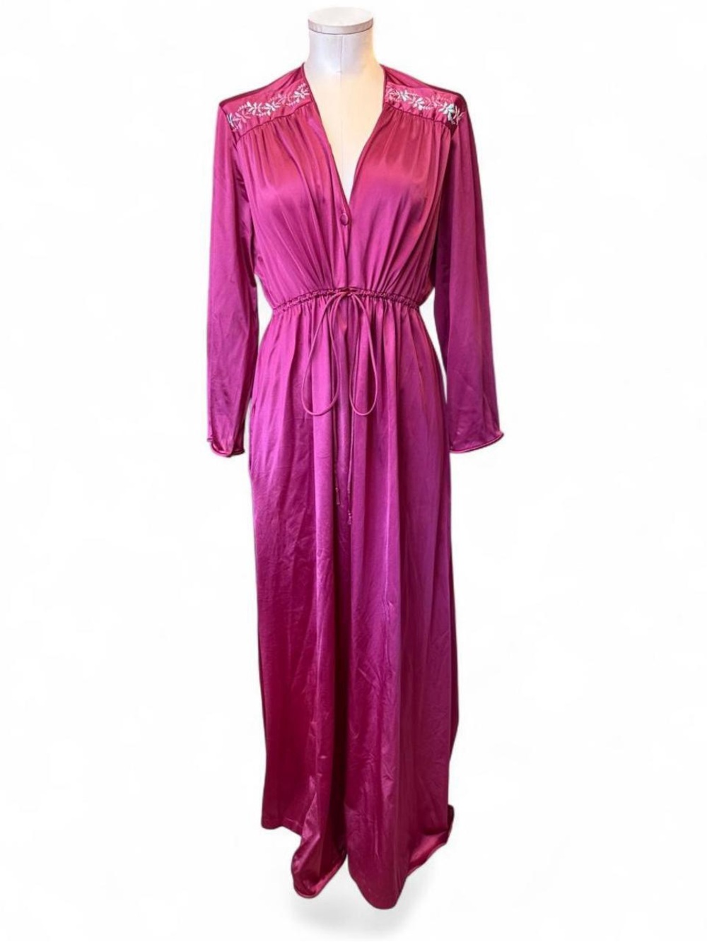 Vintage Red Floral Silky Robe with Pockets
